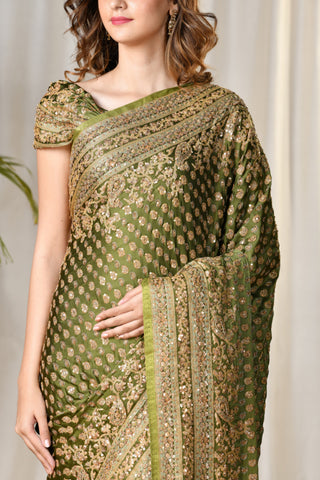 Ritu Kumar - Green Embroidered Paisley Saree - INDIASPOPUP.COM