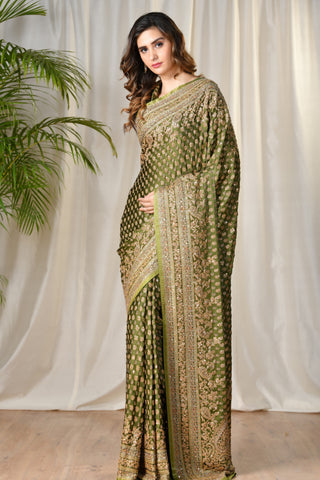 Ritu Kumar - Green Embroidered Paisley Saree - INDIASPOPUP.COM