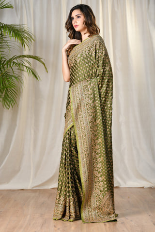 Ritu Kumar - Green Embroidered Paisley Saree - INDIASPOPUP.COM