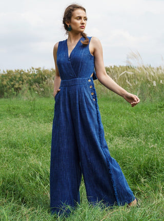 Pozruh-Indigo Roza Denim Jumpsuit-INDIASPOPUP.COM