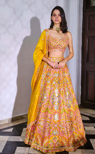 Aneesh Agarwaal-Yellow Embroidery Silk Lehenga Set-INDIASPOPUP.COM