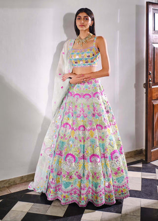 Aneesh Agarwaal-Aqua Blue Applique Lotus Lehenga Set-INDIASPOPUP.COM