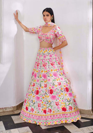 Aneesh Agarwaal-Ivory Floral Pearl Lehenga Set-INDIASPOPUP.COM