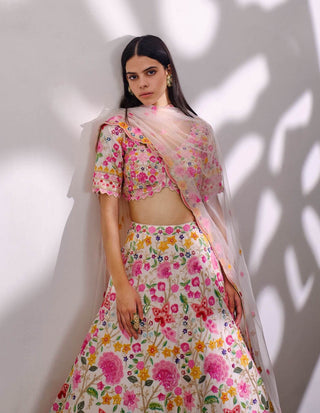 Aneesh Agarwaal-Ivory Floral Pearl Lehenga Set-INDIASPOPUP.COM