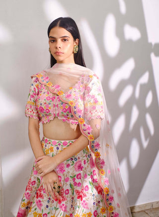 Aneesh Agarwaal-Ivory Floral Pearl Lehenga Set-INDIASPOPUP.COM