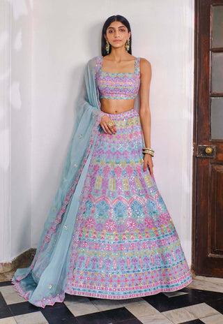 Aneesh Agarwaal-Powder Blue Floral Lehenga Set-INDIASPOPUP.COM