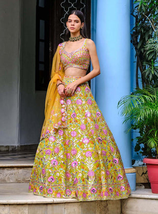 Aneesh Agarwaal-Lime Green Floral Lehenga Set-INDIASPOPUP.COM