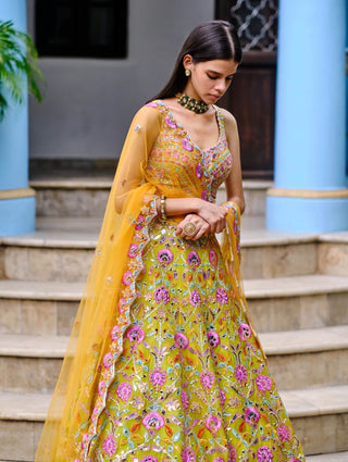 Aneesh Agarwaal-Lime Green Floral Lehenga Set-INDIASPOPUP.COM