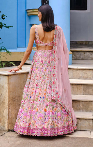 Aneesh Agarwaal-Salmon Pink Multi Pearl Lehenga Set-INDIASPOPUP.COM