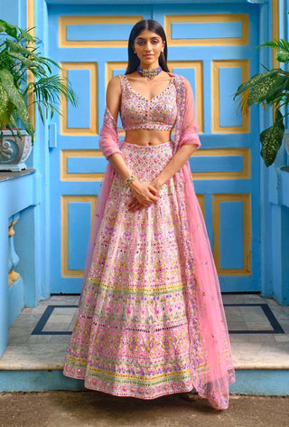 Aneesh Agarwaal-Ivory Mirror Crystal Lehenga Set-INDIASPOPUP.COM