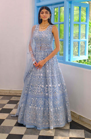 Aneesh Agarwaal-Blue Mirror Jacket Lehenga Set-INDIASPOPUP.COM