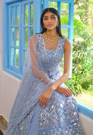 Aneesh Agarwaal-Blue Mirror Jacket Lehenga Set-INDIASPOPUP.COM