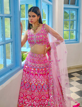 Aneesh Agarwaal-Hot Pink Floral Gota Lehenga Set-INDIASPOPUP.COM