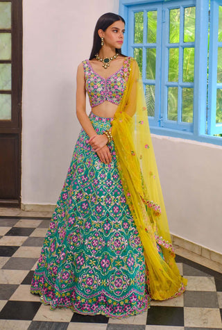 Aneesh Agarwaal-Teal Green Motif Pattern Lehenga Set-INDIASPOPUP.COM