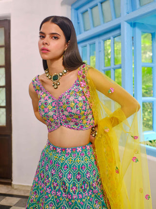 Aneesh Agarwaal-Teal Green Motif Pattern Lehenga Set-INDIASPOPUP.COM