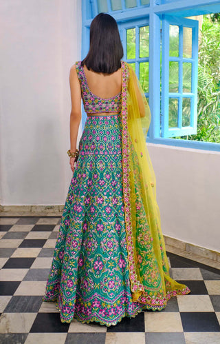 Aneesh Agarwaal-Teal Green Motif Pattern Lehenga Set-INDIASPOPUP.COM