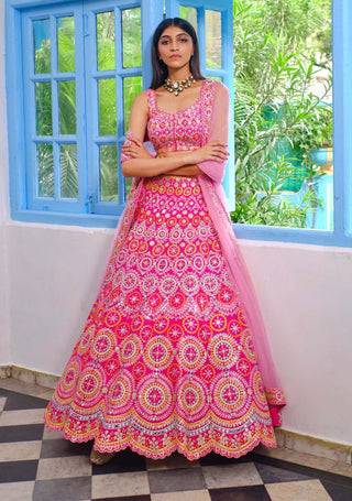 Aneesh Agarwaal-Fuchsia Pink Circles Lehenga Set-INDIASPOPUP.COM