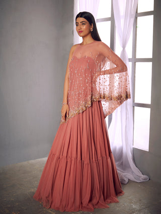 Shloka Khialani-Rose Pink Anarkali Gown With Cape-INDIASPOPUP.COM