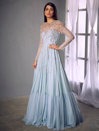 Shloka Khialani-Powder Blue Embroidered Anarkali Set-INDIASPOPUP.COM