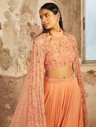 Shloka Khialani-Amelia Peach Embellished Ruffle Lehenga Set-INDIASPOPUP.COM