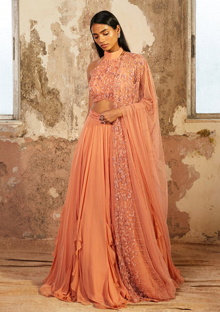 Shloka Khialani-Amelia Peach Embellished Ruffle Lehenga Set-INDIASPOPUP.COM