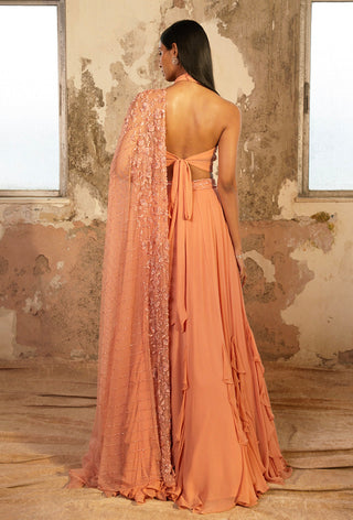 Shloka Khialani-Amelia Peach Embellished Ruffle Lehenga Set-INDIASPOPUP.COM