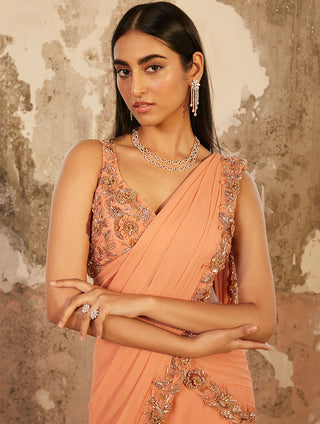 Shloka Khialani-Serena Peach Layered Pre-Stitched Saree With Blouse-INDIASPOPUP.COM