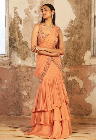 Shloka Khialani-Serena Peach Layered Pre-Stitched Saree With Blouse-INDIASPOPUP.COM