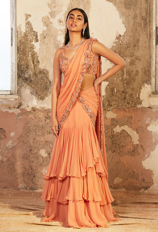 Shloka Khialani-Serena Peach Layered Pre-Stitched Saree With Blouse-INDIASPOPUP.COM