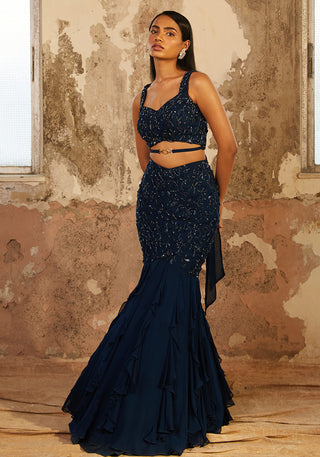 Shloka Khialani-Ezra Blue Embellished Crop With Ruffled Skirt-INDIASPOPUP.COM