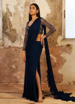 Shloka Khialani-Marina Blue Pre-Draped Saree With Blouse-INDIASPOPUP.COM