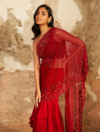 Shloka Khialani-Emily Red Pre-Draped Saree With Blouse-INDIASPOPUP.COM