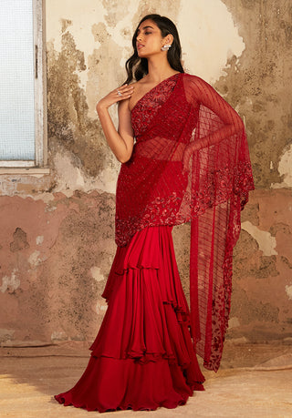 Shloka Khialani-Emily Red Pre-Draped Saree With Blouse-INDIASPOPUP.COM
