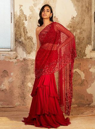 Shloka Khialani-Emily Red Pre-Draped Saree With Blouse-INDIASPOPUP.COM