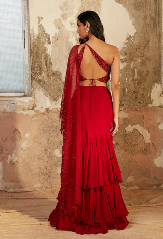 Shloka Khialani-Emily Red Pre-Draped Saree With Blouse-INDIASPOPUP.COM