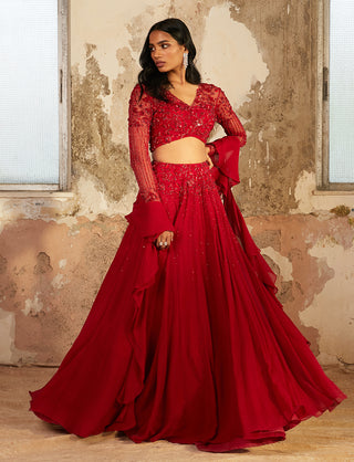 Shloka Khialani-Lara Red Embroidered Lehenga Set-INDIASPOPUP.COM