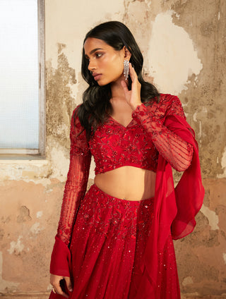 Shloka Khialani-Lara Red Embroidered Lehenga Set-INDIASPOPUP.COM
