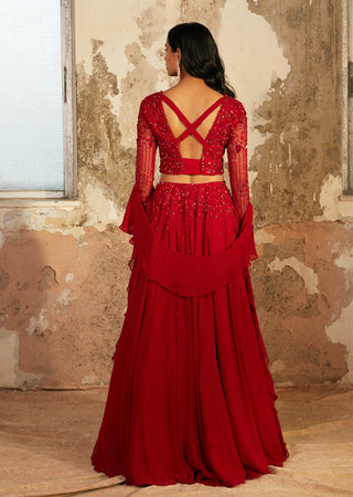 Shloka Khialani-Lara Red Embroidered Lehenga Set-INDIASPOPUP.COM
