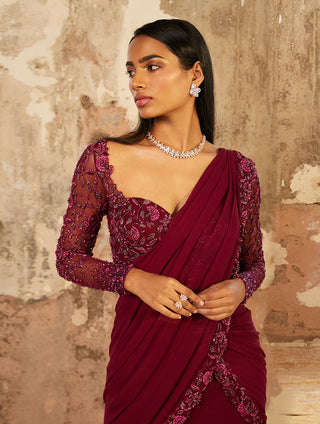 Shloka Khialani-Aubrey Plum Purple Pre-Draped Saree With Blouse-INDIASPOPUP.COM
