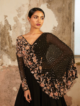 Shloka Khialani-Noire Black Layered Georgette Gown-INDIASPOPUP.COM