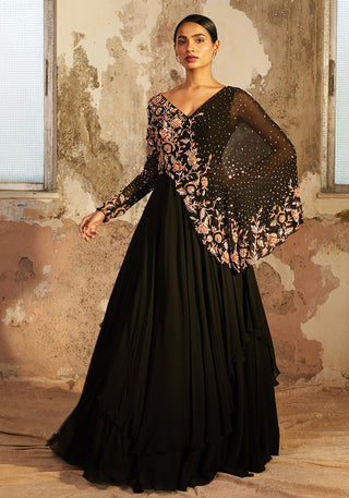 Shloka Khialani-Noire Black Layered Georgette Gown-INDIASPOPUP.COM