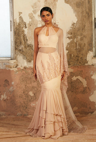 Shloka Khialani-Aurum Beige Corset Crop With Draped Skirt-INDIASPOPUP.COM