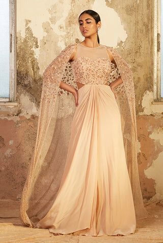 Shloka Khialani-Pearla Beige Draped Cut Out Gown-INDIASPOPUP.COM