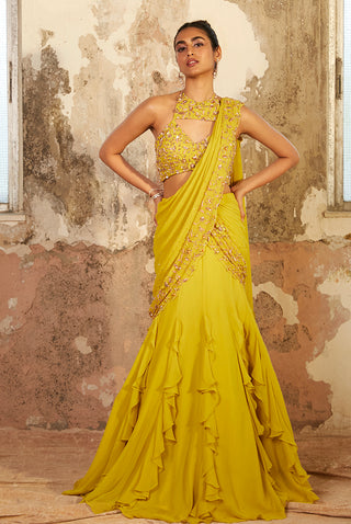 Shloka Khialani-Ziya Lime Ruffled Saree With Blouse-INDIASPOPUP.COM
