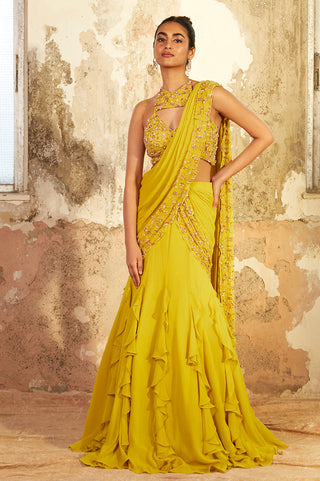Shloka Khialani-Ziya Lime Ruffled Saree With Blouse-INDIASPOPUP.COM