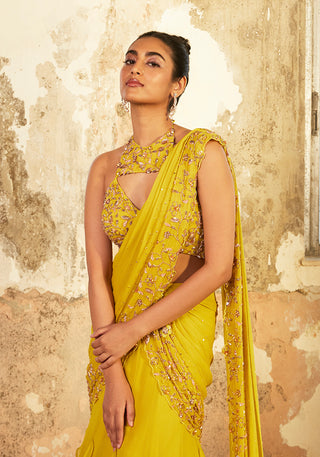 Shloka Khialani-Ziya Lime Ruffled Saree With Blouse-INDIASPOPUP.COM