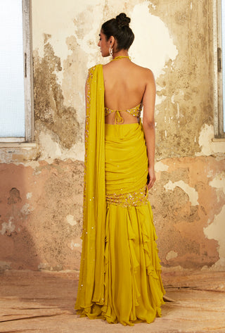 Shloka Khialani-Ziya Lime Ruffled Saree With Blouse-INDIASPOPUP.COM