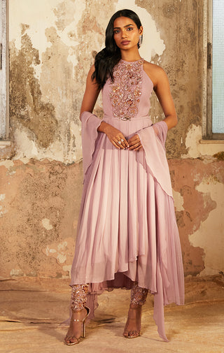 Shloka Khialani-Chelsea Lilac Overlap Pleated Kurta Set-INDIASPOPUP.COM