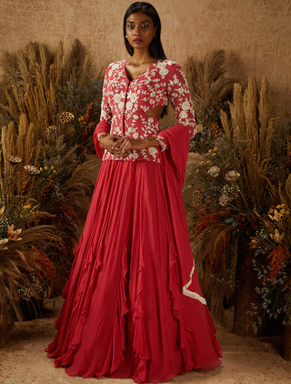 Shloka Khialani-Coral Embellished Jacket Lehenga Set-INDIASPOPUP.COM