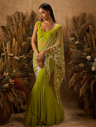 Shloka Khialani-Light Green Peri Draped Saree Set-INDIASPOPUP.COM
